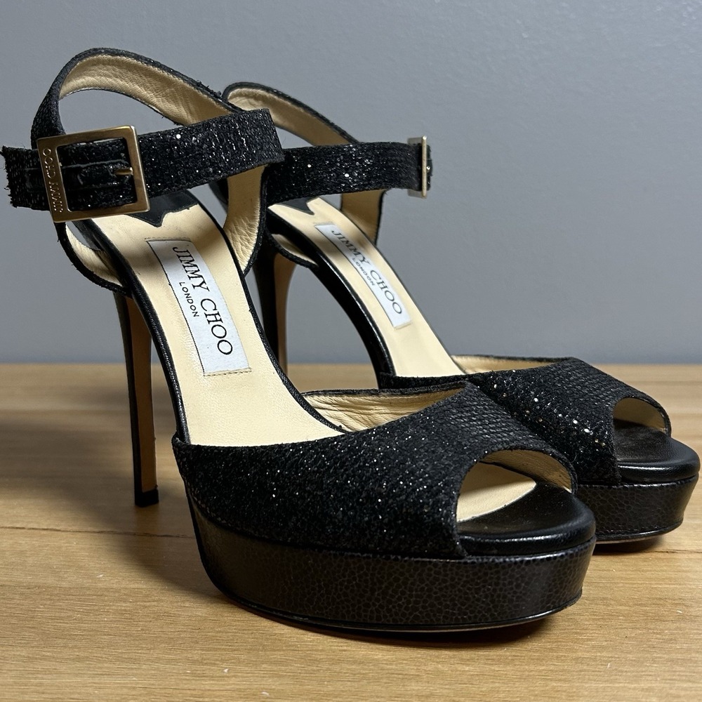 Jimmy Choo Black Glitter Platform Stiletto Heel Cutout Slingback Sandals